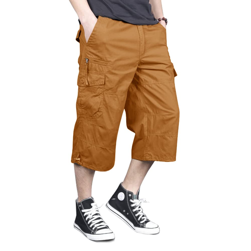 Men's Capri Long Elastic Cargo Shorts Below Knee Shorts 3/4 Cotton Cargo Casual Shorts with Multi-Pockets