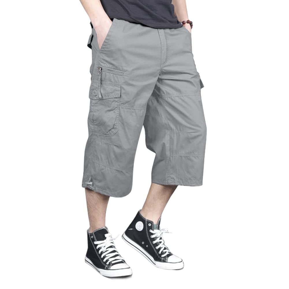 Men's Capri Long Elastic Cargo Shorts Below Knee Shorts 3/4 Cotton Cargo Casual Shorts with Multi-Pockets
