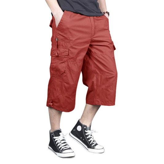 Men's Capri Long Elastic Cargo Shorts Below Knee Shorts 3/4 Cotton Cargo Casual Shorts with Multi-Pockets
